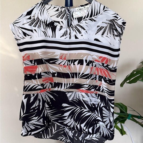Cato Tops - Women's Asymmetrical Faux Wrap Tropical, Black, White, Melon, beige, Size Small